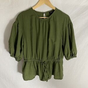 Who What Wear Top Womens Large L Linen Drawstring Waist Puff Sleeves